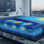 A technical visualization of a high-density blue foam mattress undergoing a scientific heat retention test. The image displays two distinct data-driven overlays: a deep blue-to-orange thermal heatmap analyzing the core temperature rise (+4.2°C RTR) and foam density (6.8 PCF) near embedded sensors at 25mm and 50mm depths, and a separate surface gradient heatmap showing Phase Change Material latency (130 min) and a measured thermal delta (-4.1°C). The mattress is depicted on a specialized testing rig within a modern, data-integrated laboratory, with natural daylight from a city-bokeh window balanced by clinical lighting. No explicit branding is on the mattress, and all technical call-out metrics are precise and clean. The view is a detailed medium-wide 3/4 front shot.
