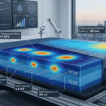A technical visualization of a high-density blue foam mattress undergoing a scientific heat retention test. The image displays two distinct data-driven overlays: a deep blue-to-orange thermal heatmap analyzing the core temperature rise (+4.2°C RTR) and foam density (6.8 PCF) near embedded sensors at 25mm and 50mm depths, and a separate surface gradient heatmap showing Phase Change Material latency (130 min) and a measured thermal delta (-4.1°C). The mattress is depicted on a specialized testing rig within a modern, data-integrated laboratory, with natural daylight from a city-bokeh window balanced by clinical lighting. No explicit branding is on the mattress, and all technical call-out metrics are precise and clean. The view is a detailed medium-wide 3/4 front shot.