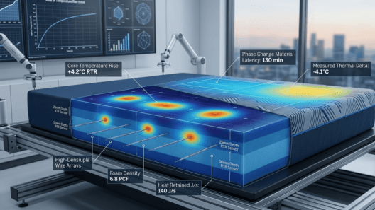 A technical visualization of a high-density blue foam mattress undergoing a scientific heat retention test. The image displays two distinct data-driven overlays: a deep blue-to-orange thermal heatmap analyzing the core temperature rise (+4.2°C RTR) and foam density (6.8 PCF) near embedded sensors at 25mm and 50mm depths, and a separate surface gradient heatmap showing Phase Change Material latency (130 min) and a measured thermal delta (-4.1°C). The mattress is depicted on a specialized testing rig within a modern, data-integrated laboratory, with natural daylight from a city-bokeh window balanced by clinical lighting. No explicit branding is on the mattress, and all technical call-out metrics are precise and clean. The view is a detailed medium-wide 3/4 front shot.