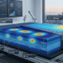 A technical visualization of a high-density blue foam mattress undergoing a scientific heat retention test. The image displays two distinct data-driven overlays: a deep blue-to-orange thermal heatmap analyzing the core temperature rise (+4.2°C RTR) and foam density (6.8 PCF) near embedded sensors at 25mm and 50mm depths, and a separate surface gradient heatmap showing Phase Change Material latency (130 min) and a measured thermal delta (-4.1°C). The mattress is depicted on a specialized testing rig within a modern, data-integrated laboratory, with natural daylight from a city-bokeh window balanced by clinical lighting. No explicit branding is on the mattress, and all technical call-out metrics are precise and clean. The view is a detailed medium-wide 3/4 front shot.