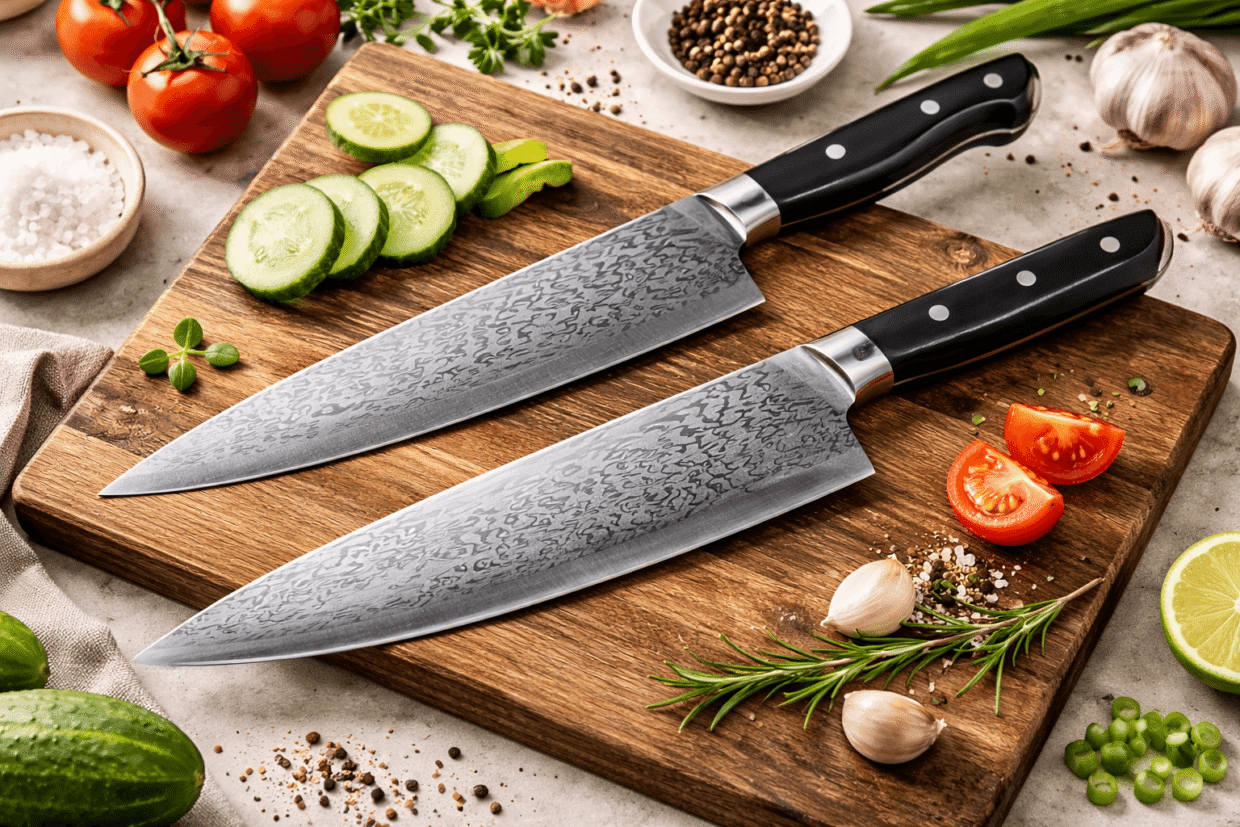 Japanese chef knife on a wooden kitchen counter with fresh ingredients and soft natural lighting