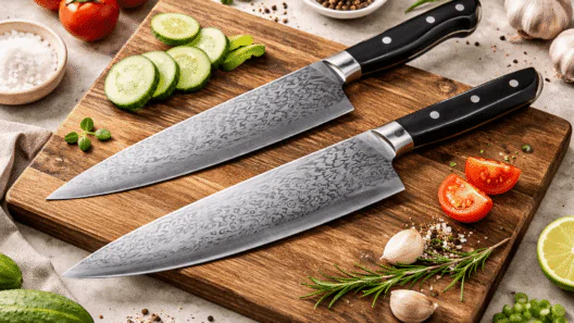 Japanese chef knife on a wooden kitchen counter with fresh ingredients and soft natural lighting