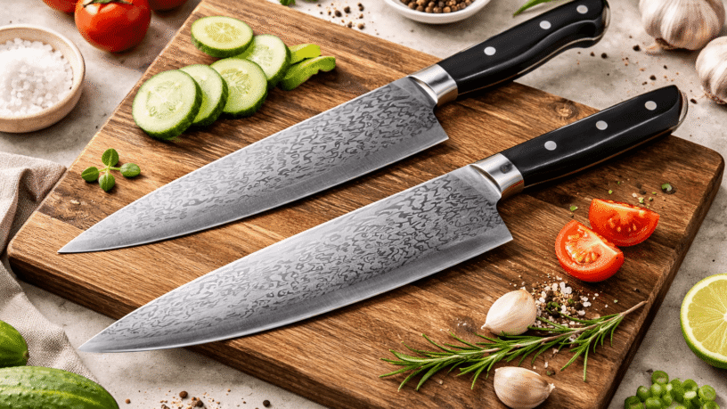 Japanese chef knife on a wooden kitchen counter with fresh ingredients and soft natural lighting