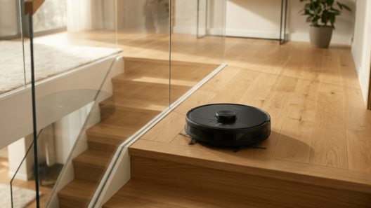 A modern black robot vacuum cleaner positioned safely at the top of a wooden staircase in a bright multi-level home.