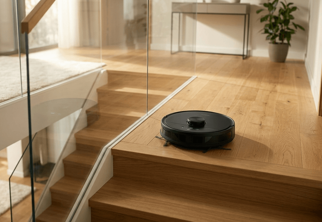 A modern black robot vacuum cleaner positioned safely at the top of a wooden staircase in a bright multi-level home.