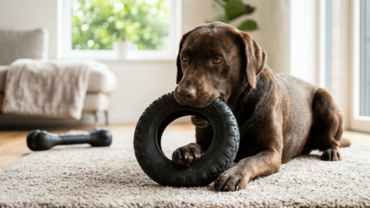 A strong muscular dog enthusiastically chewing on a thick, durable black rubber ring toy on a clean living room rug.