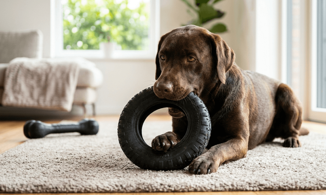 A strong muscular dog enthusiastically chewing on a thick, durable black rubber ring toy on a clean living room rug.