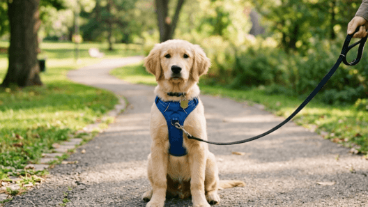 A golden retriever puppy sitting on a park path wearing a blue no-pull training harness and a black lead.