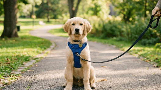 A golden retriever puppy sitting on a park path wearing a blue no-pull training harness and a black lead.