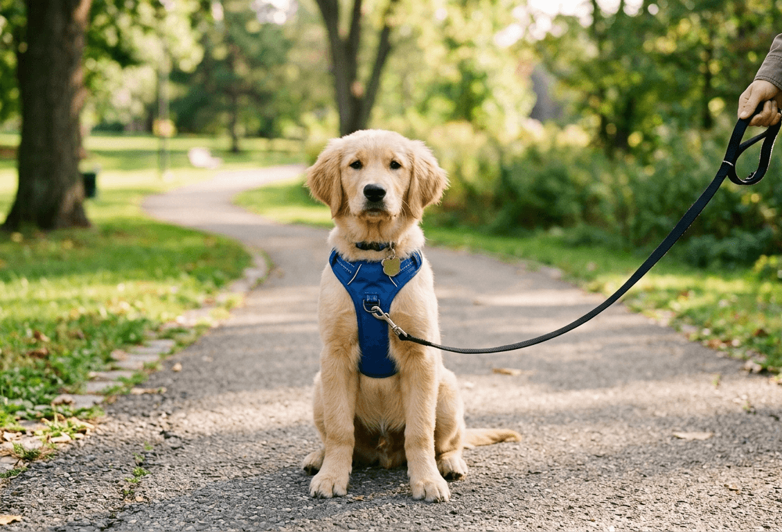 A golden retriever puppy sitting on a park path wearing a blue no-pull training harness and a black lead.