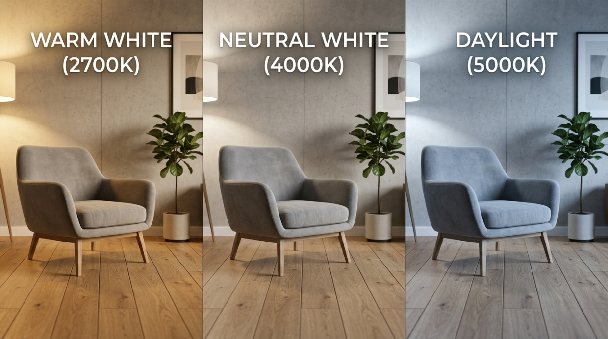 A three-panel comparison image of the same modern living room scene with a grey armchair and wood floor, showing the dramatic color shift from Warm White (2700K) to Neutral White (4000K) and Daylight (5000K) light bulb temperatures, with text labels for each.