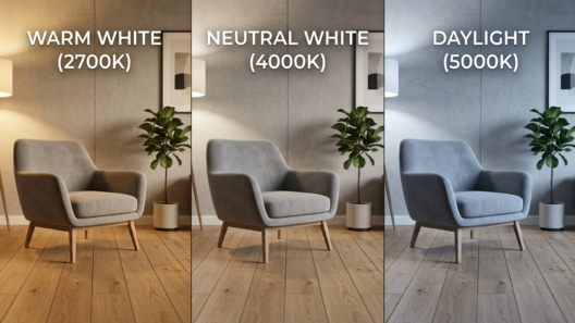 A three-panel comparison image of the same modern living room scene with a grey armchair and wood floor, showing the dramatic color shift from Warm White (2700K) to Neutral White (4000K) and Daylight (5000K) light bulb temperatures, with text labels for each.