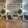 A three-panel comparison image of the same modern living room scene with a grey armchair and wood floor, showing the dramatic color shift from Warm White (2700K) to Neutral White (4000K) and Daylight (5000K) light bulb temperatures, with text labels for each.