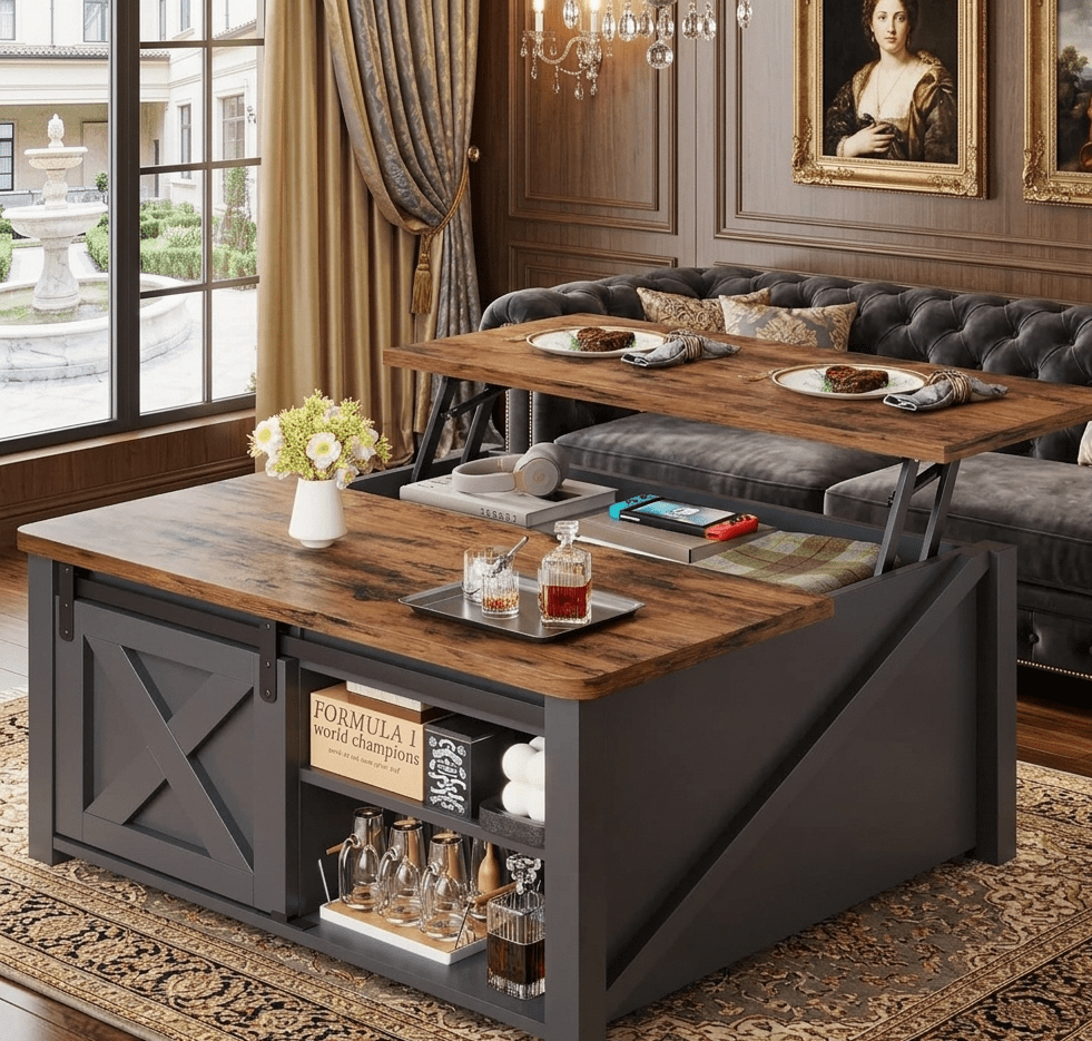 A detailed view of a multi-functional lift-top coffee table with a charcoal gray base and rich wood-grain top as the centerpiece of a luxurious living room. Its lift-top surface is raised, holding two plated meals and a vase of white flowers. The inner storage compartment holds headphones, a book, and a Nintendo Switch. The lower open shelves display a set of barware and a box titled "Formula 1 world champions." In the background is a dark velvet tufted Chesterfield sofa, two large gold-framed portraits, and a grand arched window overlooking an outdoor fountain.