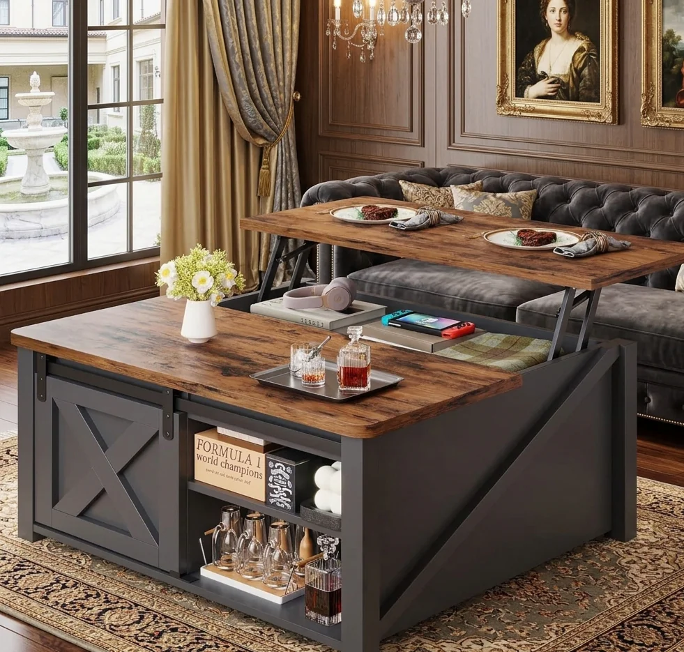 A detailed view of a multi-functional lift-top coffee table with a charcoal gray base and rich wood-grain top as the centerpiece of a luxurious living room. Its lift-top surface is raised, holding two plated meals and a vase of white flowers. The inner storage compartment holds headphones, a book, and a Nintendo Switch. The lower open shelves display a set of barware and a box titled "Formula 1 world champions." In the background is a dark velvet tufted Chesterfield sofa, two large gold-framed portraits, and a grand arched window overlooking an outdoor fountain.