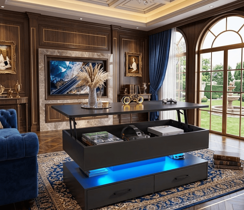 mart Coffee Tables -A close-up photograph of a modern, multi-tiered black lift-top coffee table with its main surface raised. Blue LED strip lights illuminate the internal storage area and base. Inside the open compartment are books (one titled "UFO"), an HTC Vive VR headset, and product boxes. The top holds a vase of pampas grass on a tray, a futuristic motorcycle model, and a game controller. The background features ornate dark wood paneling, a tufted blue velvet sofa, and a large window overlooking a garden and fountain.