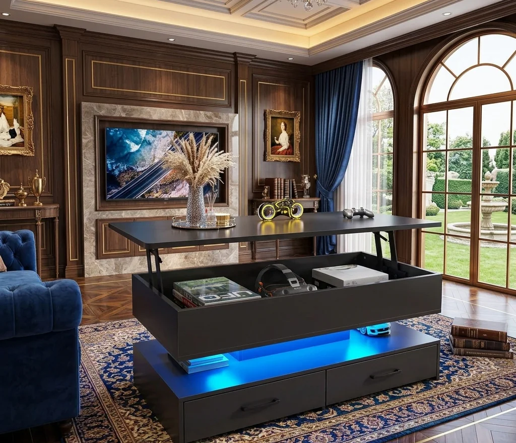 mart Coffee Tables -A close-up photograph of a modern, multi-tiered black lift-top coffee table with its main surface raised. Blue LED strip lights illuminate the internal storage area and base. Inside the open compartment are books (one titled "UFO"), an HTC Vive VR headset, and product boxes. The top holds a vase of pampas grass on a tray, a futuristic motorcycle model, and a game controller. The background features ornate dark wood paneling, a tufted blue velvet sofa, and a large window overlooking a garden and fountain.