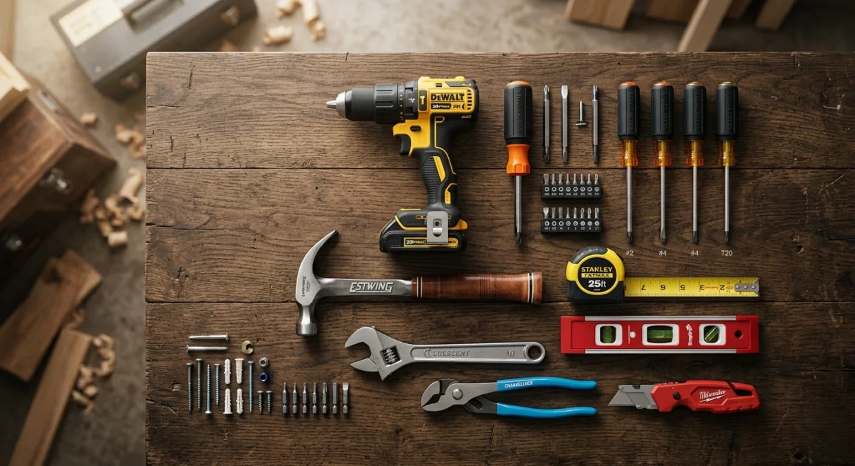 Professional-grade home hardware tools including a cordless drill, forged steel hammer, and multi-bit screwdriver set arranged on a wood workbench for a home toolkit.