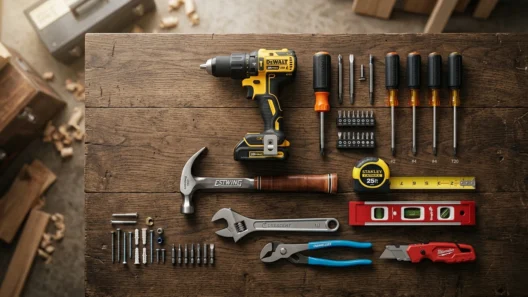 Professional-grade home hardware tools including a cordless drill, forged steel hammer, and multi-bit screwdriver set arranged on a wood workbench for a home toolkit.