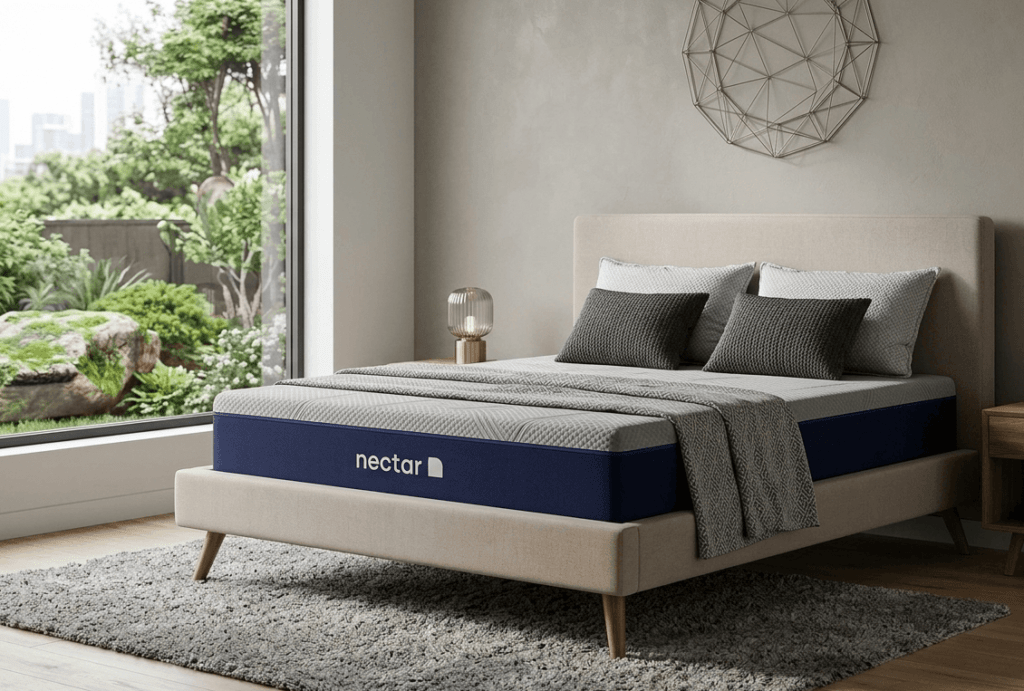 A detailed professionally styled photograph of a contemporary bedroom. The main subject is a Nectar brand queen-sized mattress (with visible 'nectar' logo) resting on a beige upholstered platform bed frame with warm wooden mid-century modern legs. The bed is dressed with two dark grey textured pillows, two light grey patterned pillows, and a textured grey throw blanket. To the left, a huge black-framed floor-to-ceiling window provides a stunning view of a beautifully landscaped garden featuring a large natural rock, various green trees, and flowering shrubs, with a distant city skyline under a clear sky. In the foreground, a modern, minimalist glass and brass table lamp sits on a small shelf near the window. The back wall is a neutral greige textured plaster, featuring a large, ornate geometric wire-frame sculpture above the headboard. To the right, a floating wood nightstand holds a white ceramic vase and a stack of books. A grey shag rug covers a portion of the light wood plank floor.