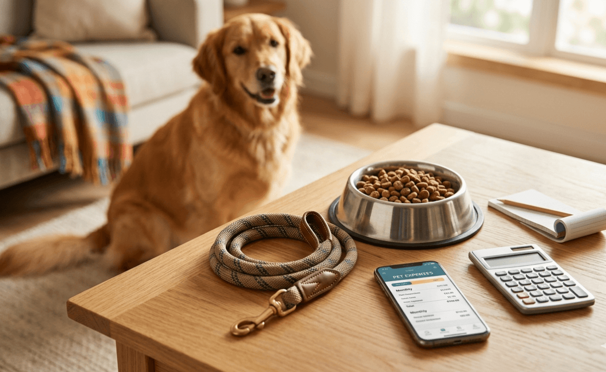 A calculator next to a dog bowl and a leash, symbolizing the financial planning of pet ownership.