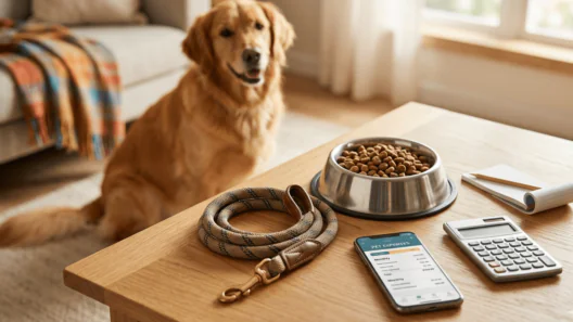A calculator next to a dog bowl and a leash, symbolizing the financial planning of pet ownership.
