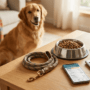 A calculator next to a dog bowl and a leash, symbolizing the financial planning of pet ownership.