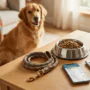 A calculator next to a dog bowl and a leash, symbolizing the financial planning of pet ownership.