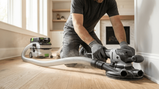 A close-up view of a professional flooring contractor using a detailed gray and black edge sander with a vacuum attachment to sand oak hardwood floor right up to the baseboards.