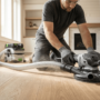 A close-up view of a professional flooring contractor using a detailed gray and black edge sander with a vacuum attachment to sand oak hardwood floor right up to the baseboards.