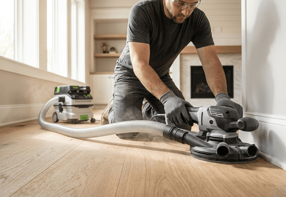 A close-up view of a professional flooring contractor using a detailed gray and black edge sander with a vacuum attachment to sand oak hardwood floor right up to the baseboards.