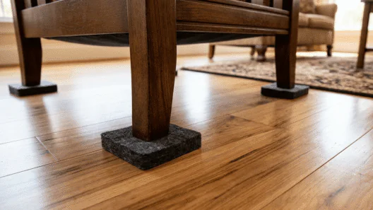 Close-up of heavy wooden furniture legs sitting on thick dark grey felt floor protectors on a polished light hardwood timber floor to prevent scratches and scuffs.