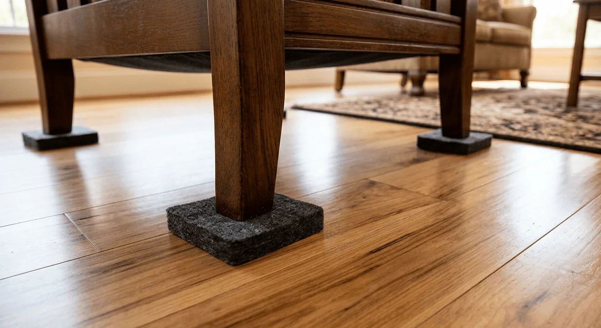 Close-up of heavy wooden furniture legs sitting on thick dark grey felt floor protectors on a polished light hardwood timber floor to prevent scratches and scuffs.