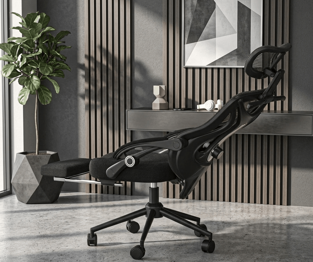 A black high-back ergonomic office chair with a retractable footrest and adjustable headrest, positioned in a modern industrial home office with concrete flooring and wood-slat wall paneling.