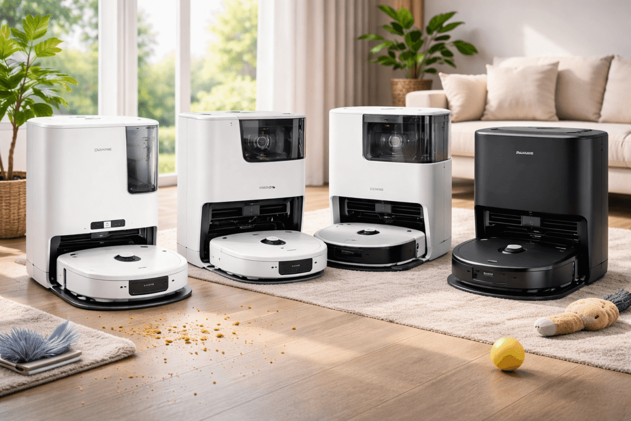 Four robot vacuum and mop cleaners with self-emptying dock stations displayed in a bright modern living room with hardwood floors