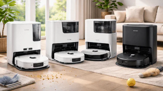 Four robot vacuum and mop cleaners with self-emptying dock stations displayed in a bright modern living room with hardwood floors