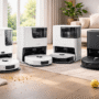 Four robot vacuum and mop cleaners with self-emptying dock stations displayed in a bright modern living room with hardwood floors