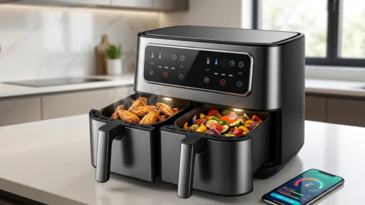 Air Fryers With Dual-Zone Sync -A modern black smart air fryer with dual-zone sync capability, simultaneously cooking crispy chicken wings in one basket and roasted vegetables in the other, next to a smartphone displaying the control app on a kitchen counter.