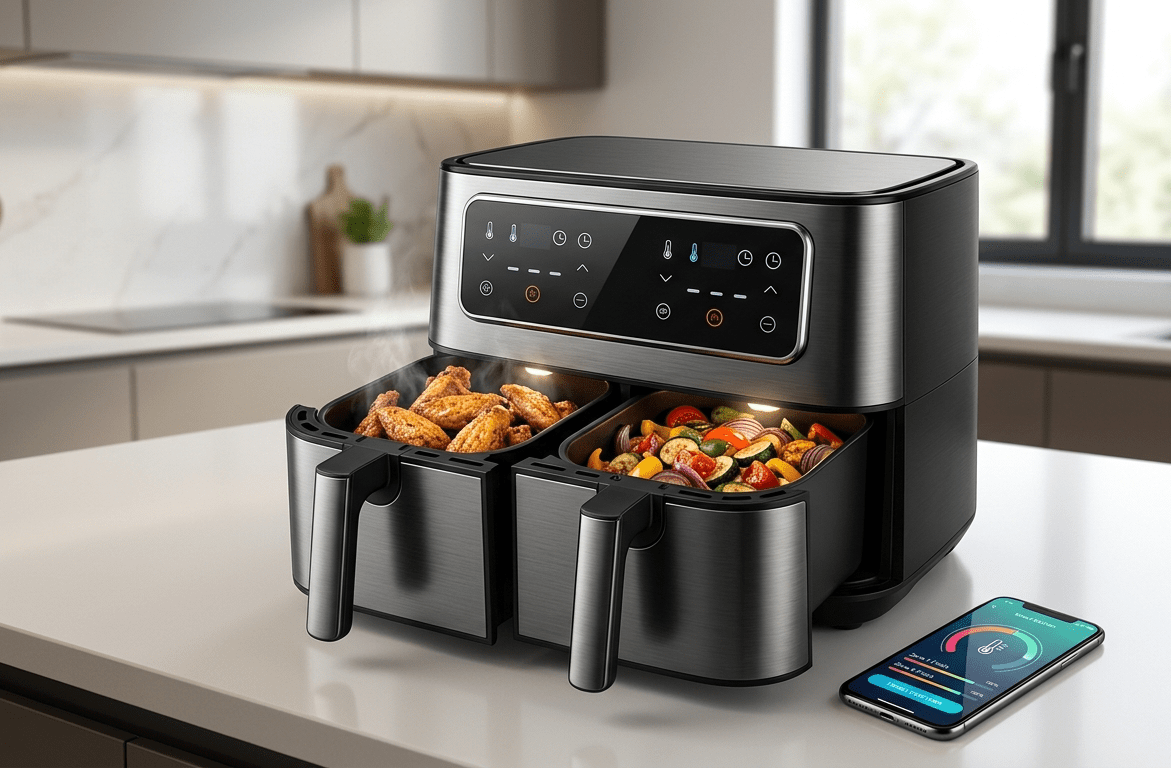 Air Fryers With Dual-Zone Sync -A modern black smart air fryer with dual-zone sync capability, simultaneously cooking crispy chicken wings in one basket and roasted vegetables in the other, next to a smartphone displaying the control app on a kitchen counter.