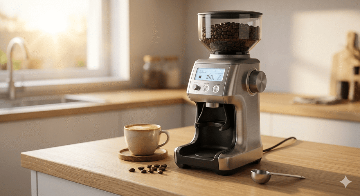 A premium stainless steel smart coffee grinder with a digital display sitting next to a glass of freshly brewed coffee on a modern kitchen counter.