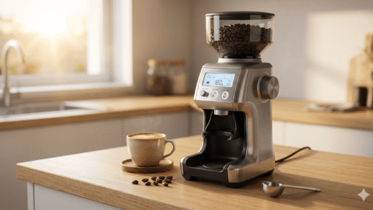 A premium stainless steel smart coffee grinder with a digital display sitting next to a glass of freshly brewed coffee on a modern kitchen counter.