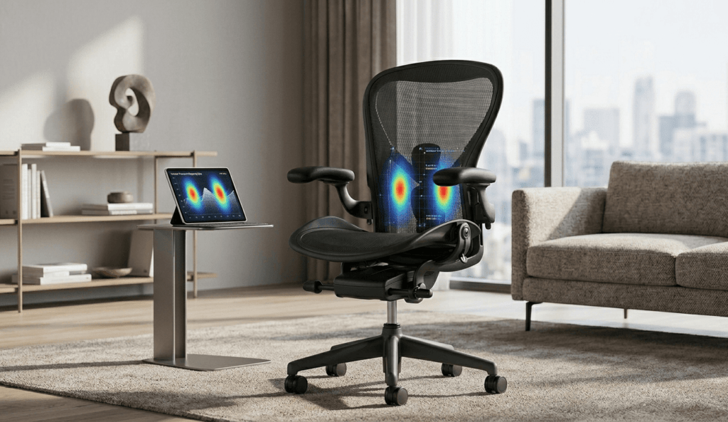 A black mesh smart ergonomic office chair with a glowing technical heatmap analysis overlay on the backrest, showing spinal alignment and pressure points. A tablet on a nearby modern stand displays the corresponding analytical data. The chair is set in a minimalist modern home office with a city view.