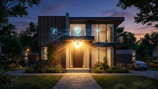 Modern suburban home at twilight illuminated by a smart security light bulb featuring digital AI connectivity icons and motion detection aura.