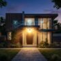 Modern suburban home at twilight illuminated by a smart security light bulb featuring digital AI connectivity icons and motion detection aura.