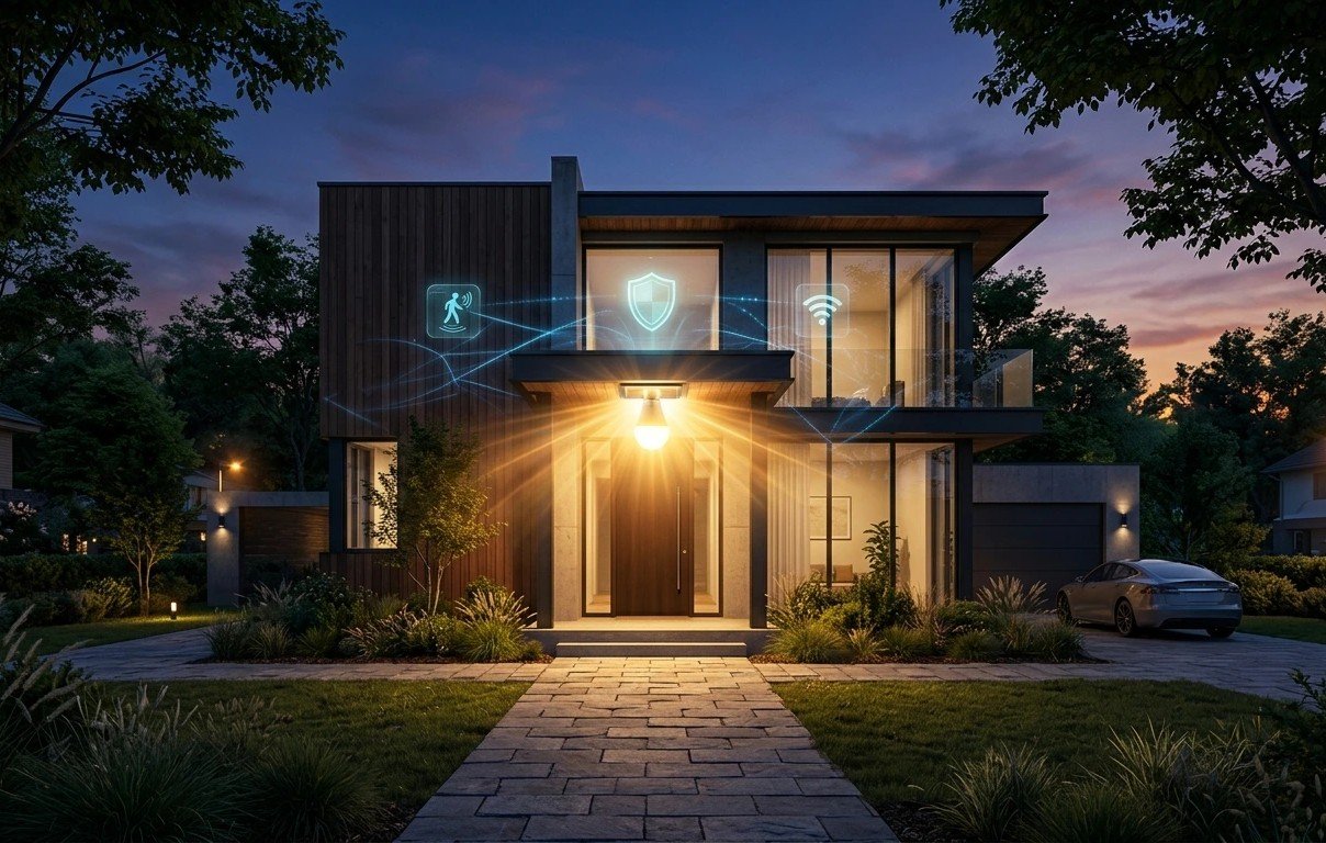 Modern suburban home at twilight illuminated by a smart security light bulb featuring digital AI connectivity icons and motion detection aura.