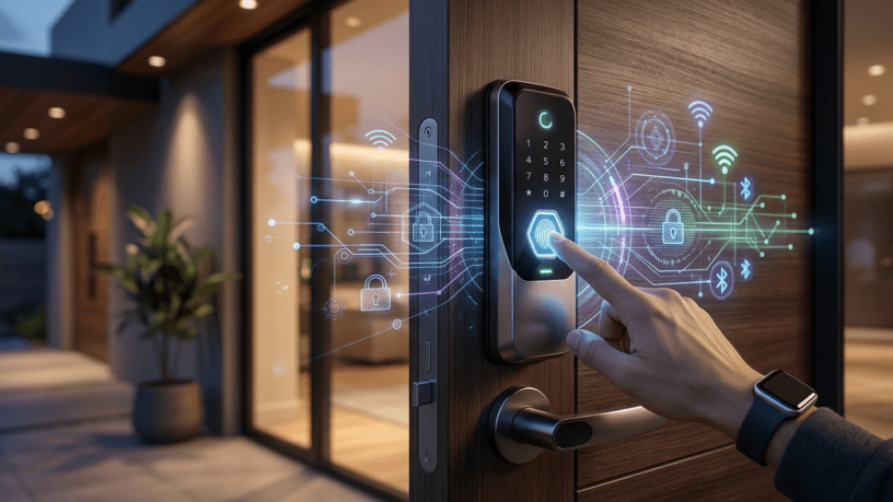 A close-up of a person using a biometric fingerprint scanner on a sleek modern smart lock with glowing digital security overlays showing connectivity and encryption icons.
