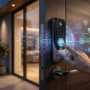 A close-up of a person using a biometric fingerprint scanner on a sleek modern smart lock with glowing digital security overlays showing connectivity and encryption icons.