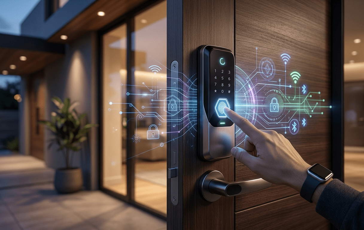 A close-up of a person using a biometric fingerprint scanner on a sleek modern smart lock with glowing digital security overlays showing connectivity and encryption icons.