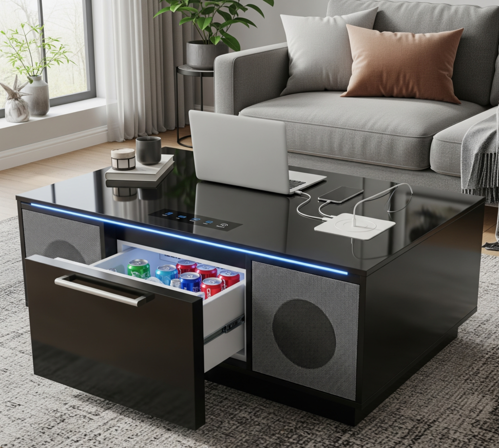 A modern living room featuring the Sobro Smart Coffee Table. The coffee table is sleek black with a glass top. One of the refrigerator drawers is slightly open, revealing cold drinks inside. On the other side, built-in Bluetooth speakers are integrated into the base. Subtle LED lighting glows beneath the table. The table is surrounded by a comfortable gray sectional sofa and is placed on a textured rug, creating a warm and contemporary atmosphere. A few items like a tablet and a small plant are on the tabletop.