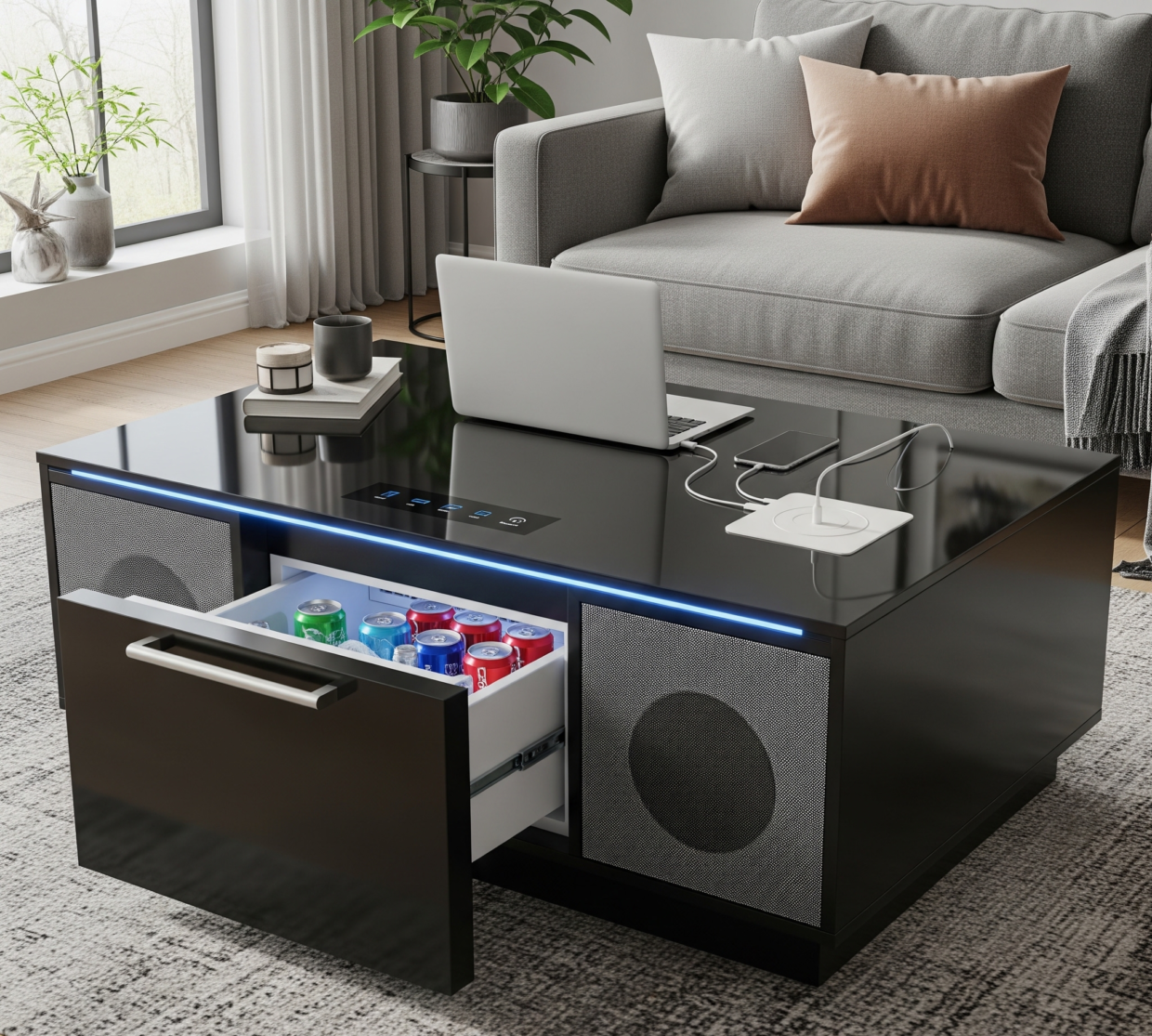 A modern living room featuring the Sobro Smart Coffee Table. The coffee table is sleek black with a glass top. One of the refrigerator drawers is slightly open, revealing cold drinks inside. On the other side, built-in Bluetooth speakers are integrated into the base. Subtle LED lighting glows beneath the table. The table is surrounded by a comfortable gray sectional sofa and is placed on a textured rug, creating a warm and contemporary atmosphere. A few items like a tablet and a small plant are on the tabletop.